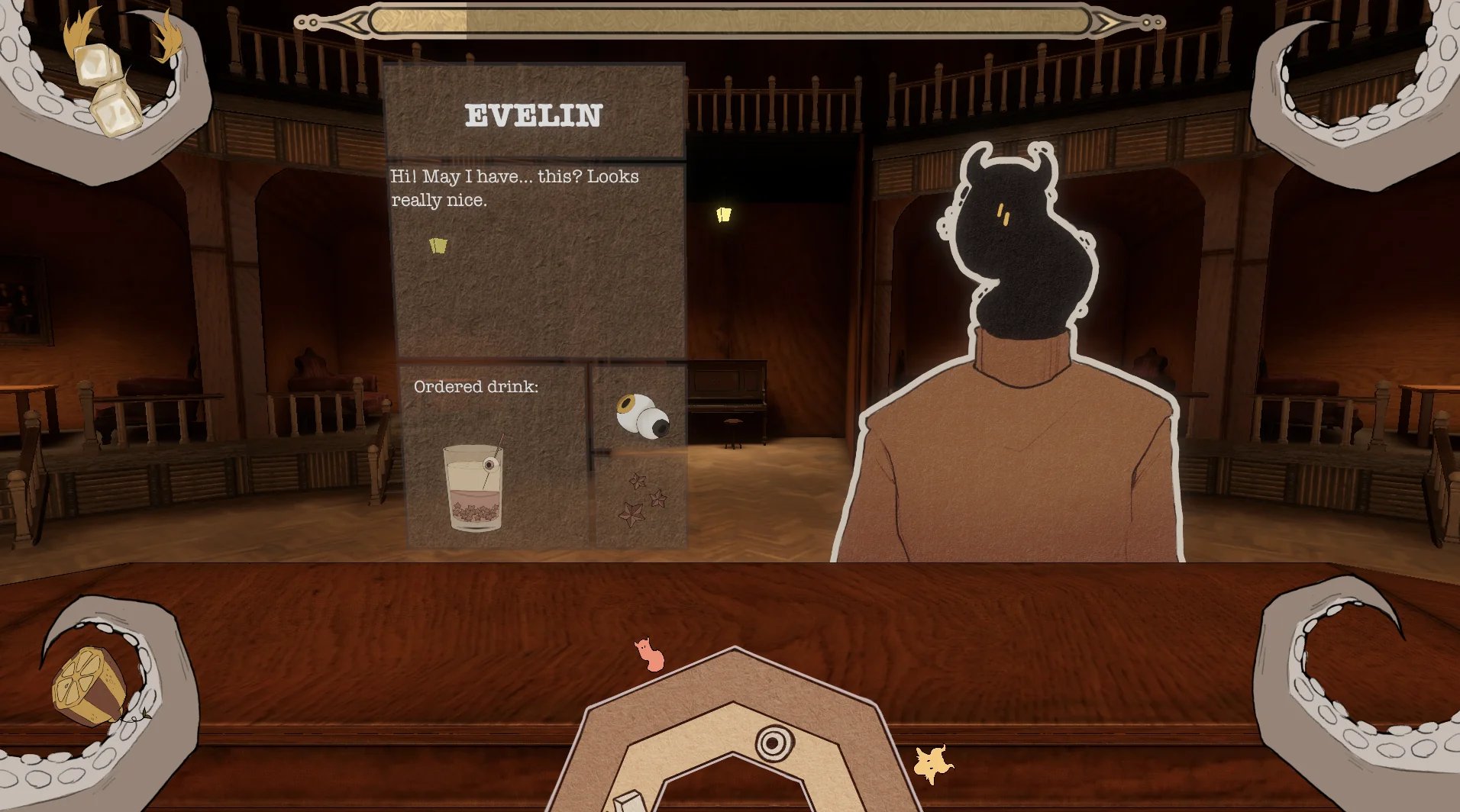 Game: the guest Evelin asks for a drink at the bar, the order panel shows the ingredients