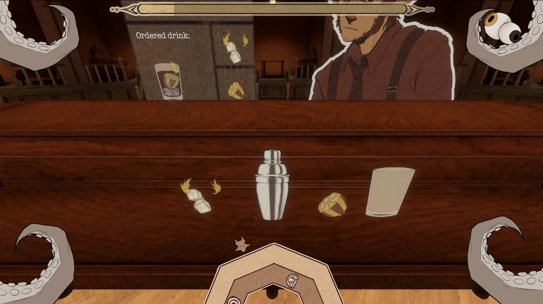 Game: the bar counter with a shaker and the ingredients for a drink