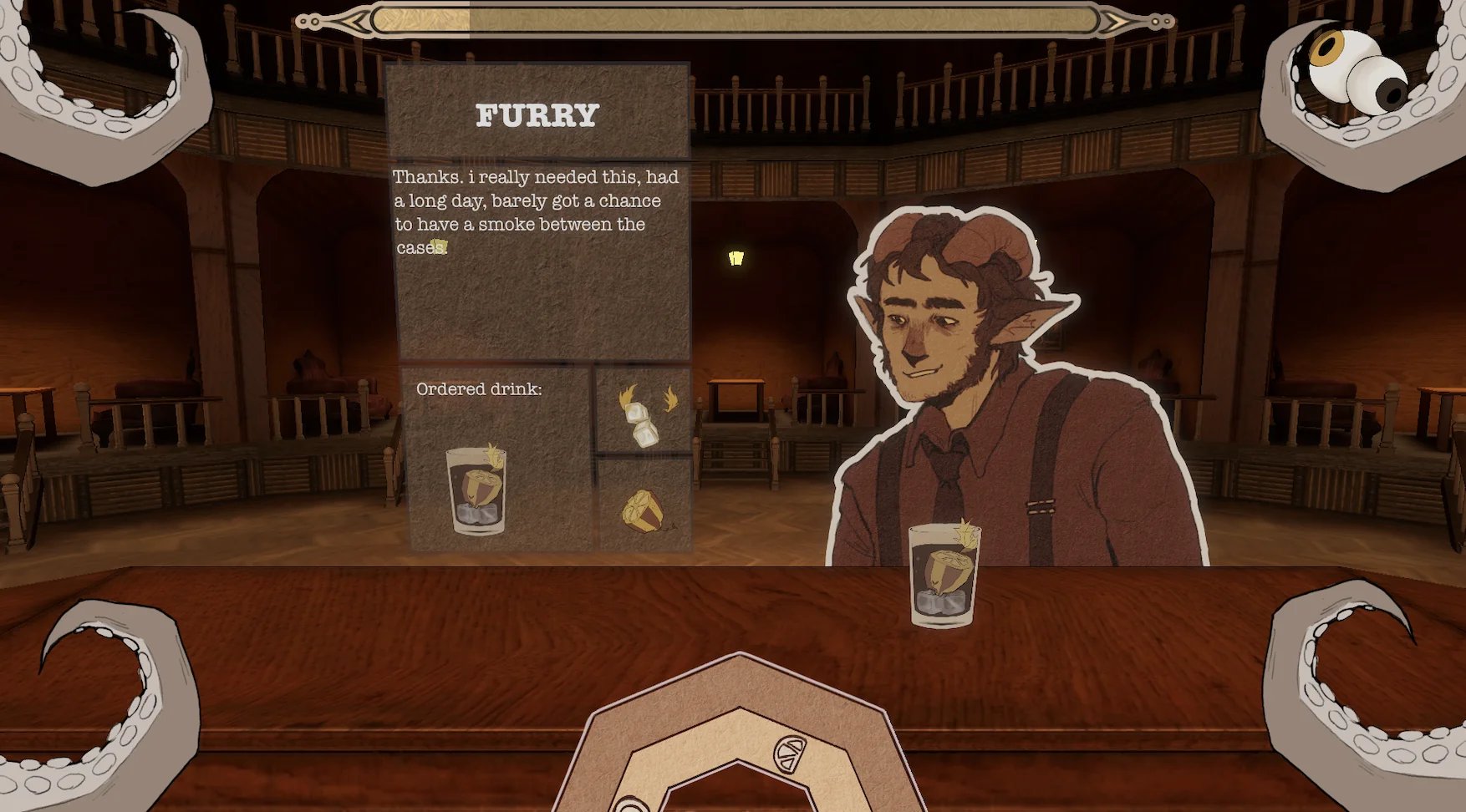 Game: the guest Furry thanks you for the drink, the order panel shows the ingredients