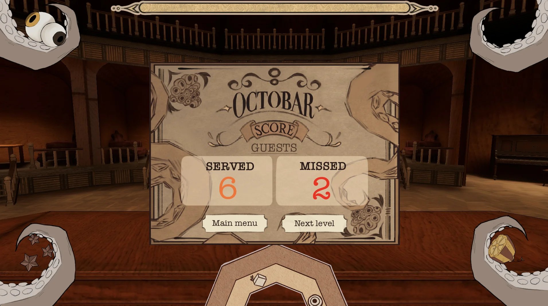 Game: the end-of-day score screen with the number of guests served (SERVED) and missed (MISSED)