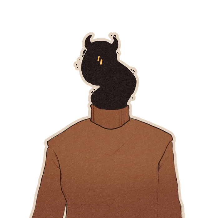 Evelin: a dark silhouette with a voluminous head, wearing a cloak