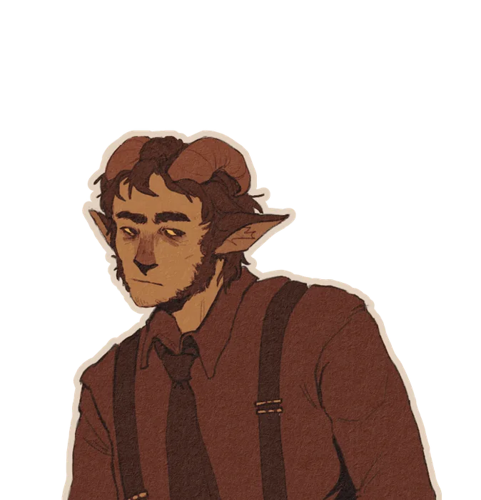 Furry: a man with curly hair, in a shirt with a tie and suspenders