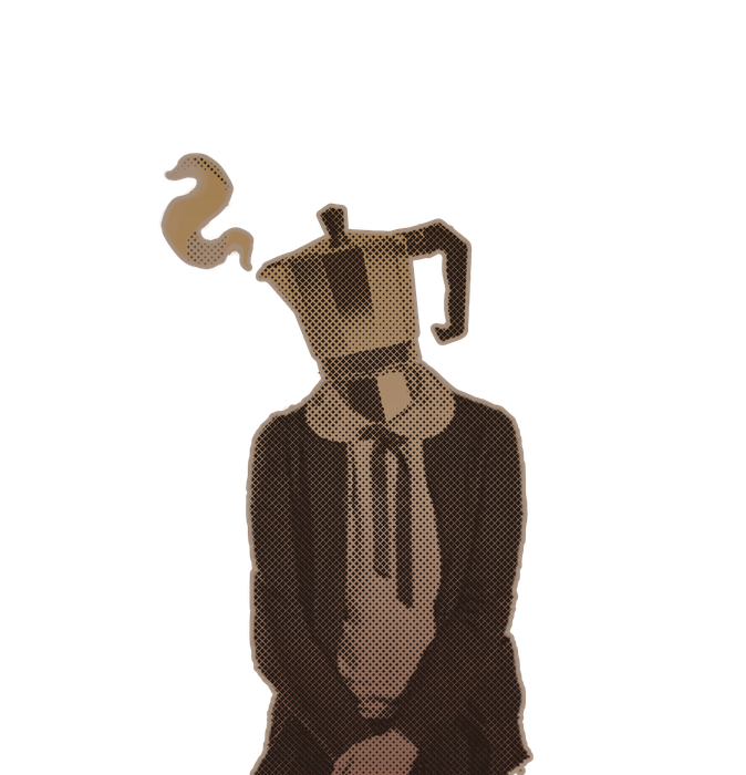 Kanvica: a figure in a dark outfit and tie, with a coffee pot instead of a head