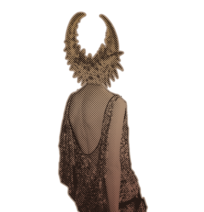Lady Krab: a woman seen from behind in a lace top, with a crescent-shaped ornament on her head