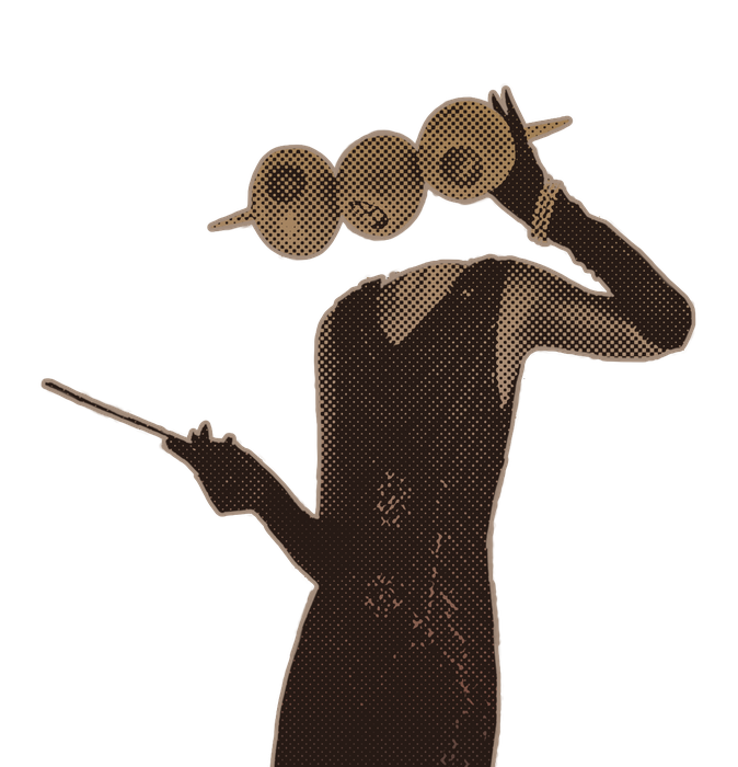 Lady Oliva: a woman in a dark dress holding a pointer stick, with three round objects on her head