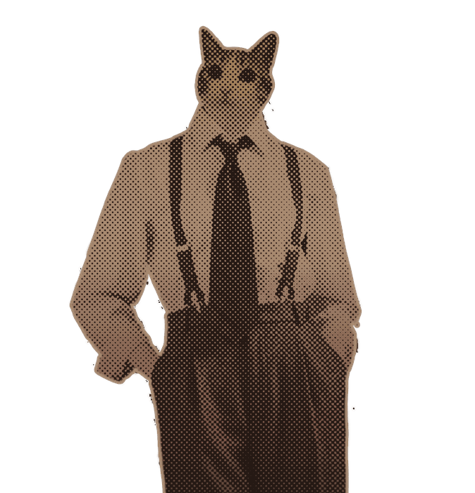 Mr Cat: a cat-headed man in a white shirt, suspenders and a tie, with his hands in his pockets