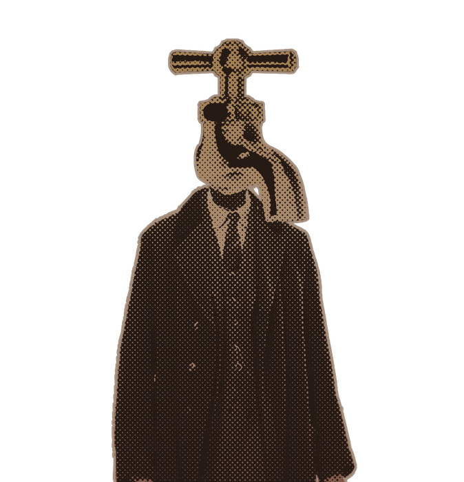 Mr Kohut: a man in a long coat with a tap-like fixture on top of his head