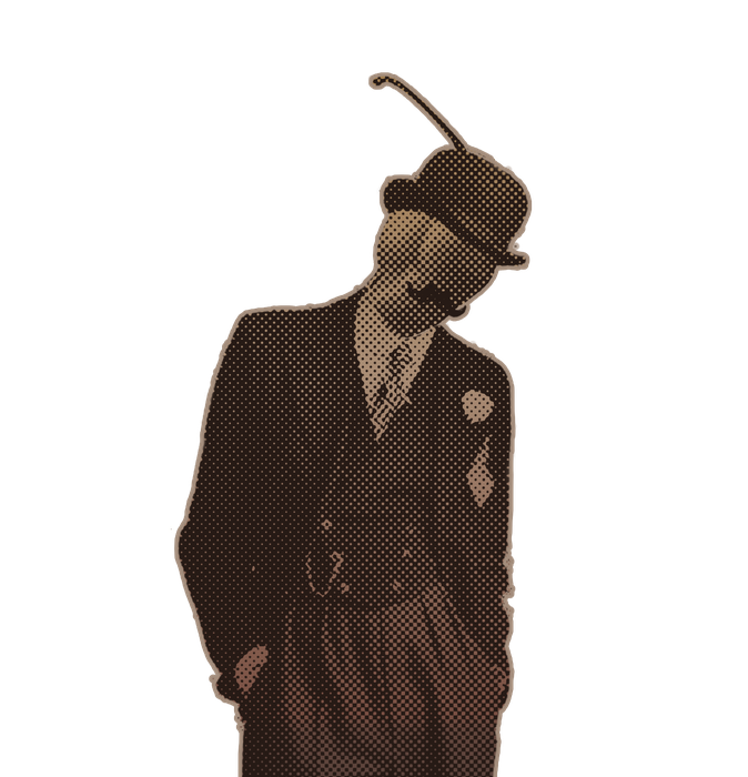 Mr Mustache: a man in a suit and bowler hat, with a long curled mustache