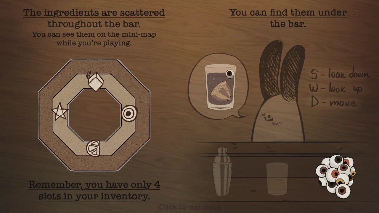 Tutorial slide: ingredients are scattered around the bar and shown on the minimap; the inventory has four slots