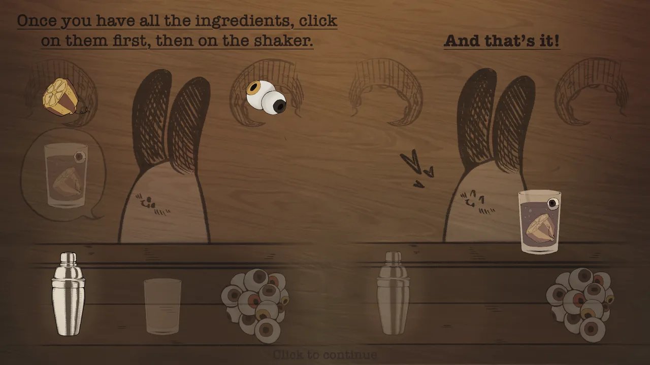 Tutorial slide: once all ingredients are collected, click them and then the shaker
