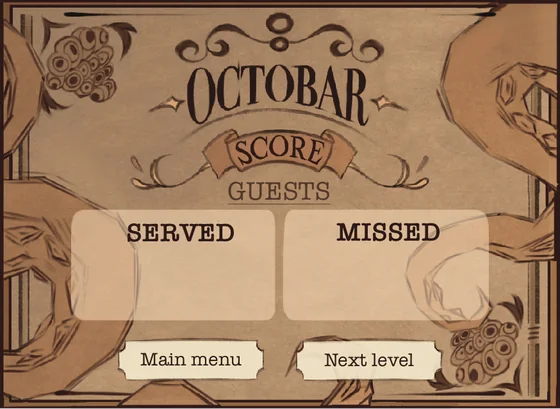 End-of-day score panel from the game with the words SERVED and MISSED